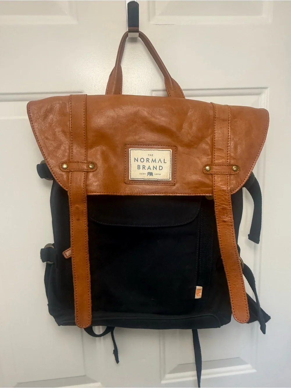 The Normal Brand Top Side Leather And Navy Canvas Backpack Travel Work Bag